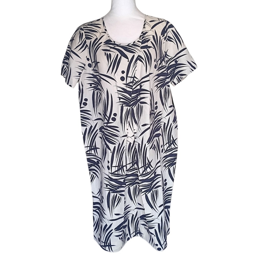 Pure Collection Cocoon Dress Womens 12 Navy White Silk Linen Bamboo Print NEW